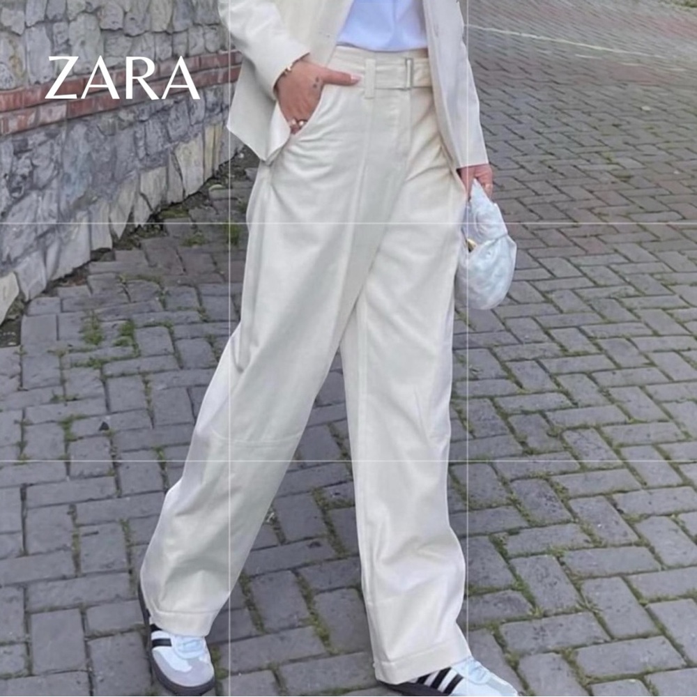 NWOT ZARA Cream Belted Pocket Relaxed Fit Versatile Cotton Trouser Pants Size S - Picture 1 of 8